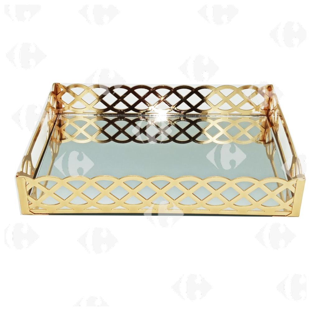 [695830] Plateau en Métal Fond Miroir Doré 30x20cm.