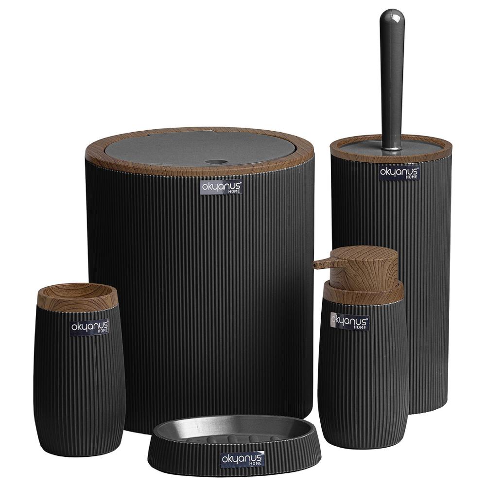 Set de Salle de Bain Rond Rayé Bois Noir Okyanus 5 unités