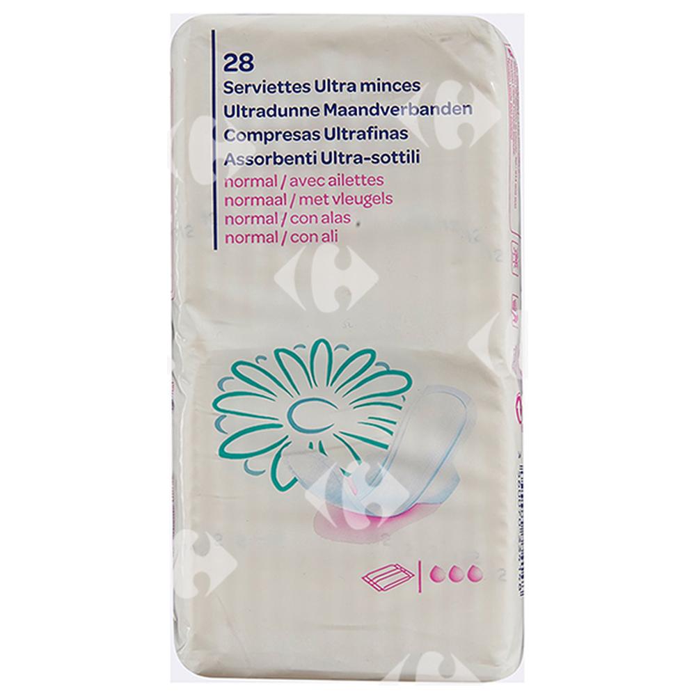 [185205] Serviettes Ultra Minces Normal Carrefour Blanc 28 unités