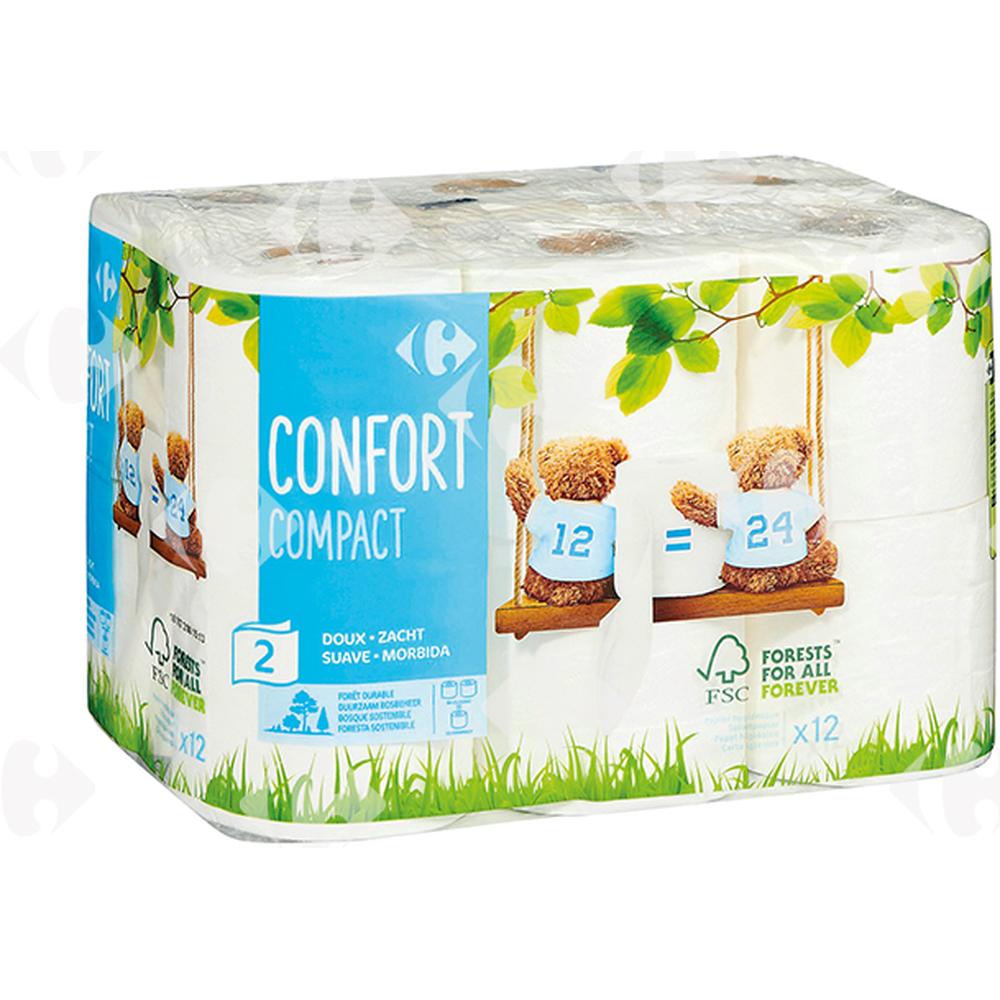 [530697] Papier Hygiénique Confort Compact 2 plis Carrefour 12 unités