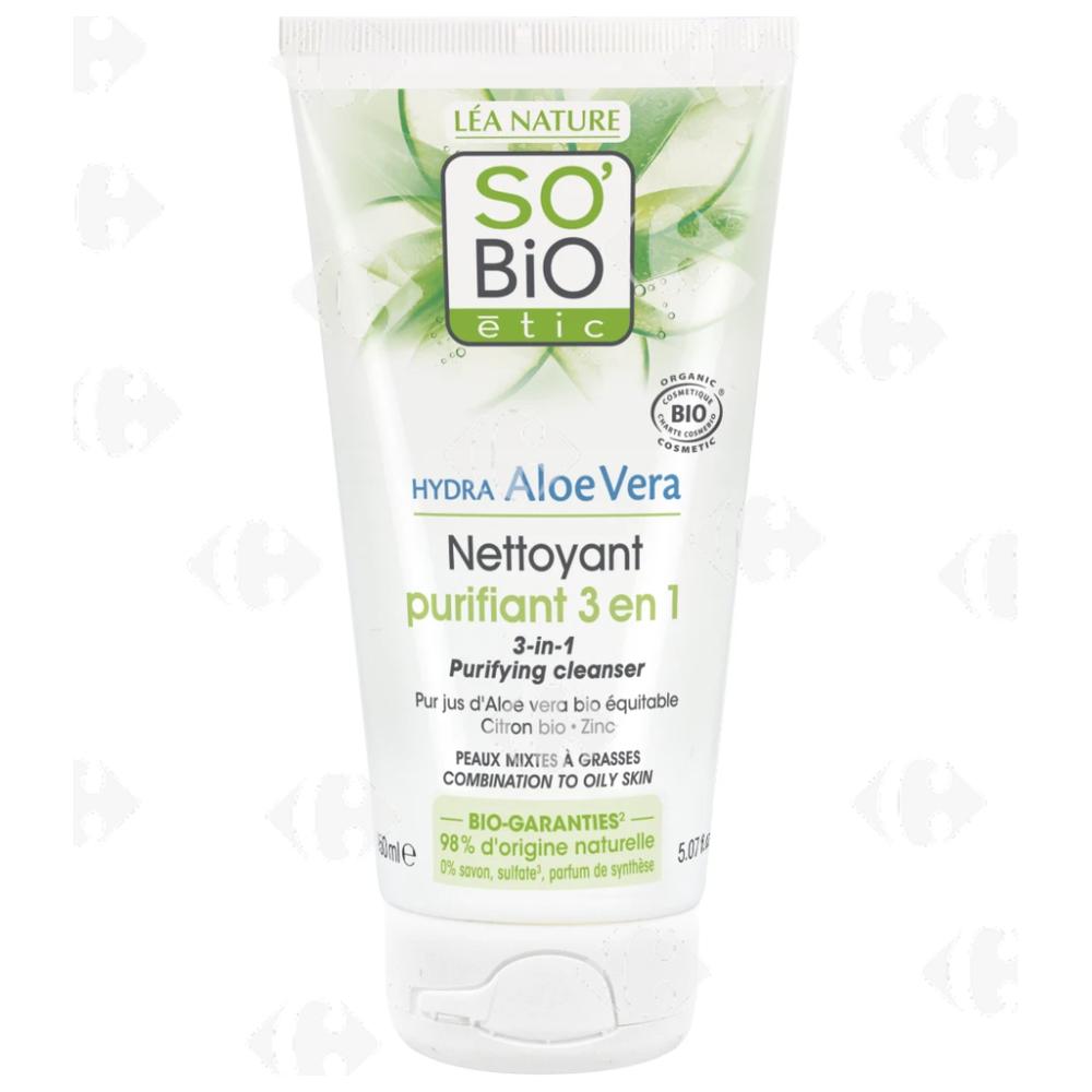 Gel Nettoyant Purifiant 3en1 Peau Mixte à Grasse Aloe-vera Bio So'Bio 150ml