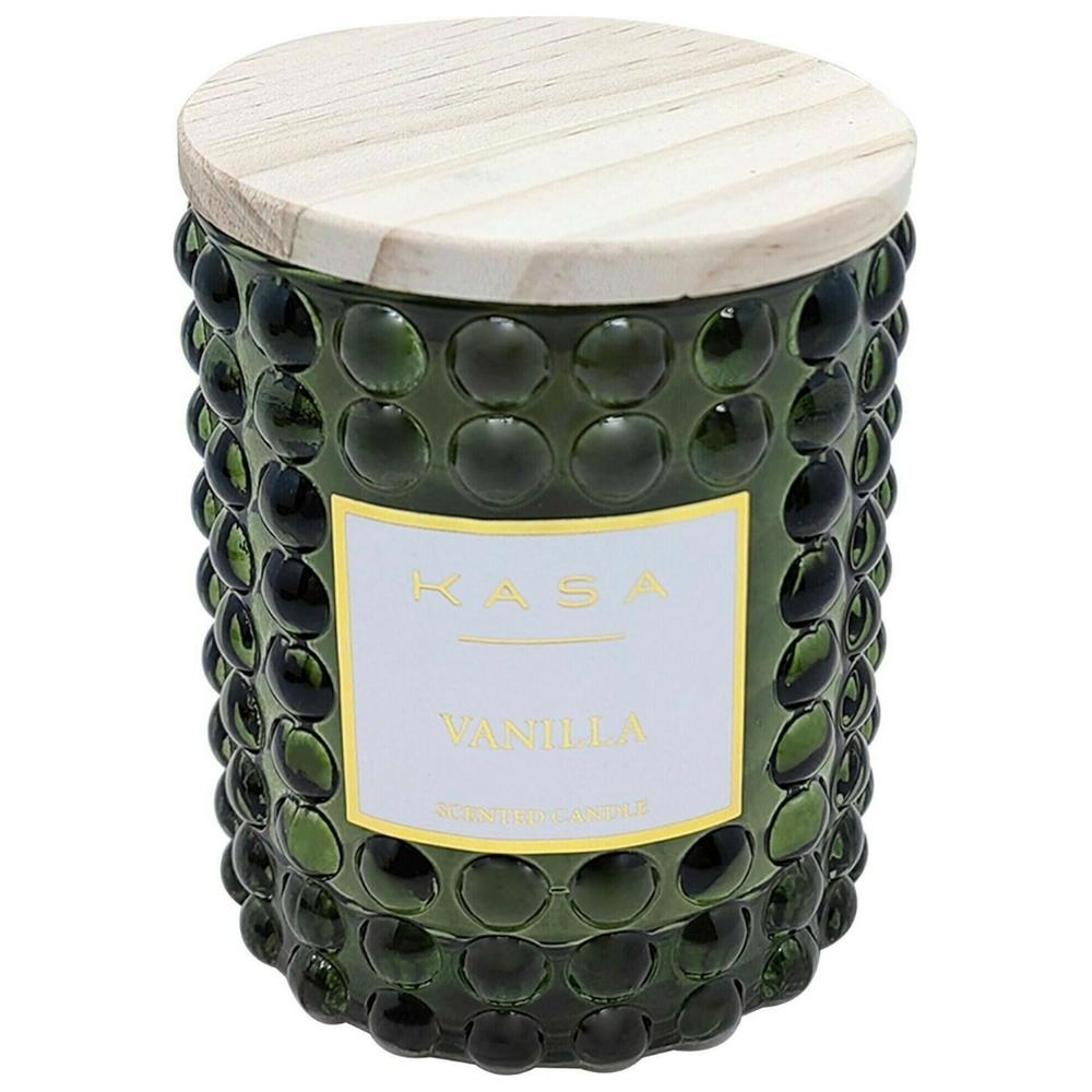 [722144] Bougie en Verre avec Couvercle Bois Vert Vanille Kasa 8 cm