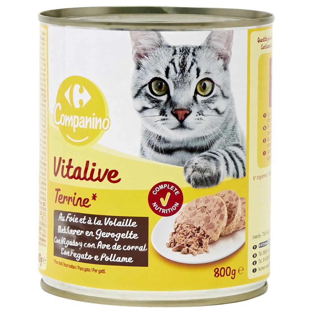 [530728] Pâtée au Foie et à la Volaille en Morceaux pour Chats Adultes Carrefour 800g