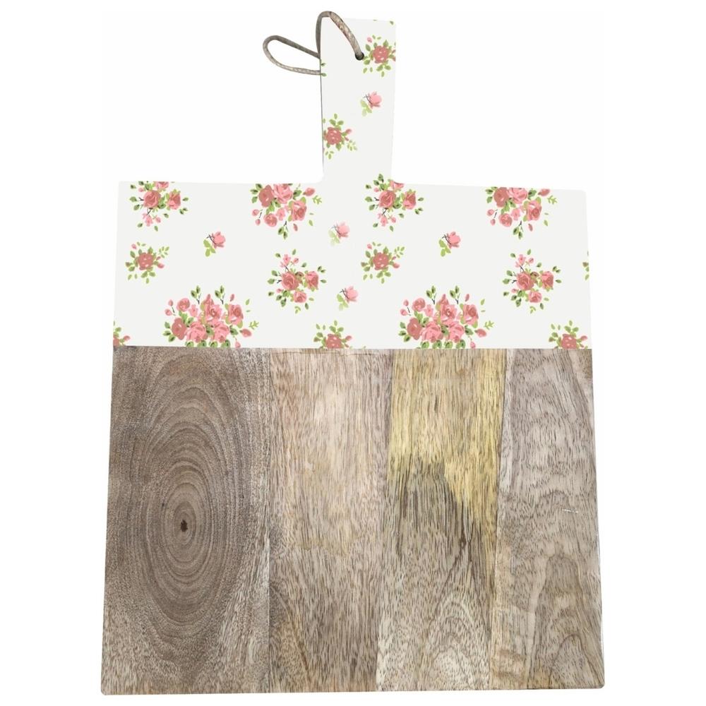 [722492] Planche à Servir Porcelaine et Bois Fleur Rose Kasa 40x29 cm