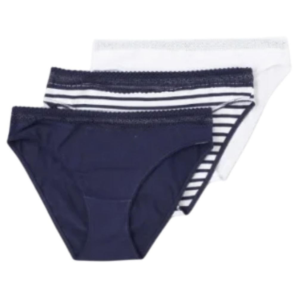 Lot 3 Slips Femme Coton Dentelle Fantaisie Marine