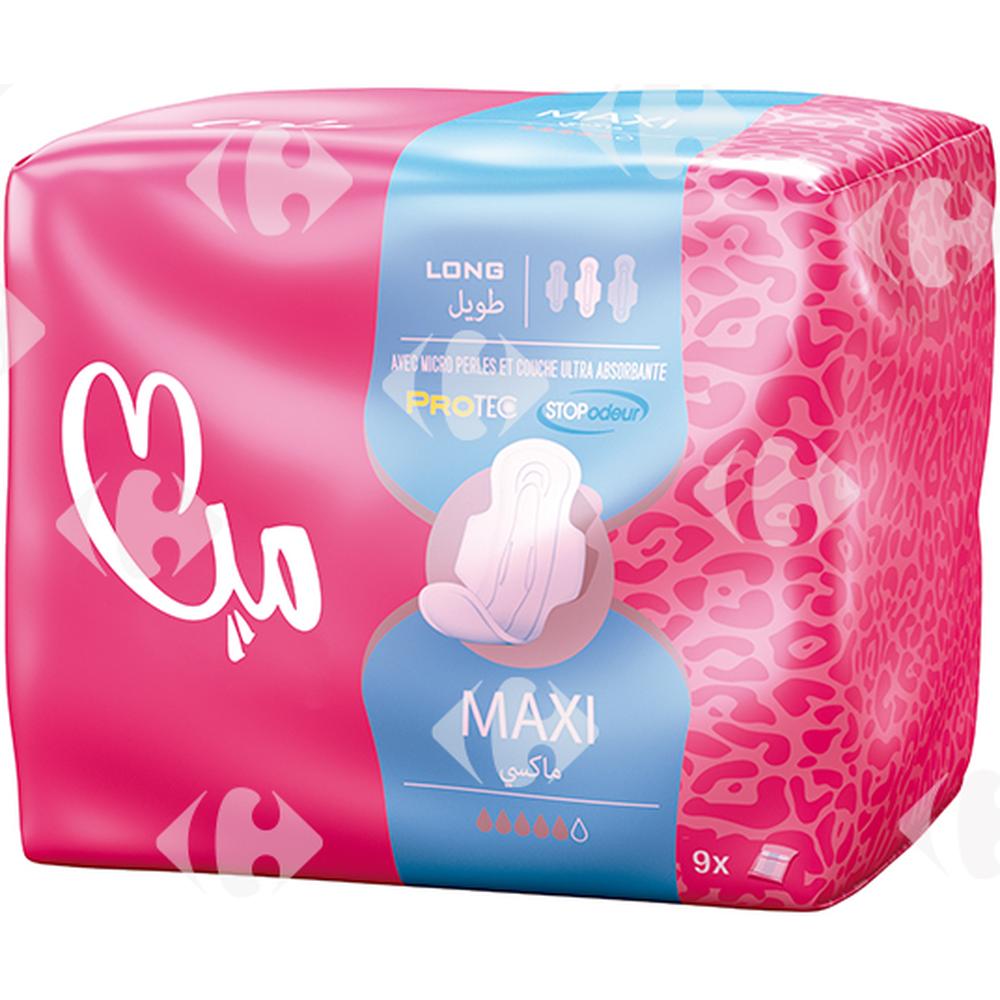 Serviettes Hygiéniques Épaisses Maxi Long Mia 9 unités.