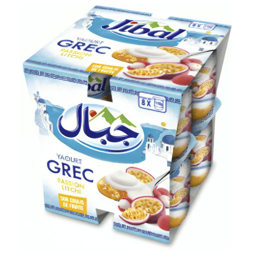 [713580] Pack Yaourt Grec Coulis Passion Litchi Jibal 8 unités de 110g.