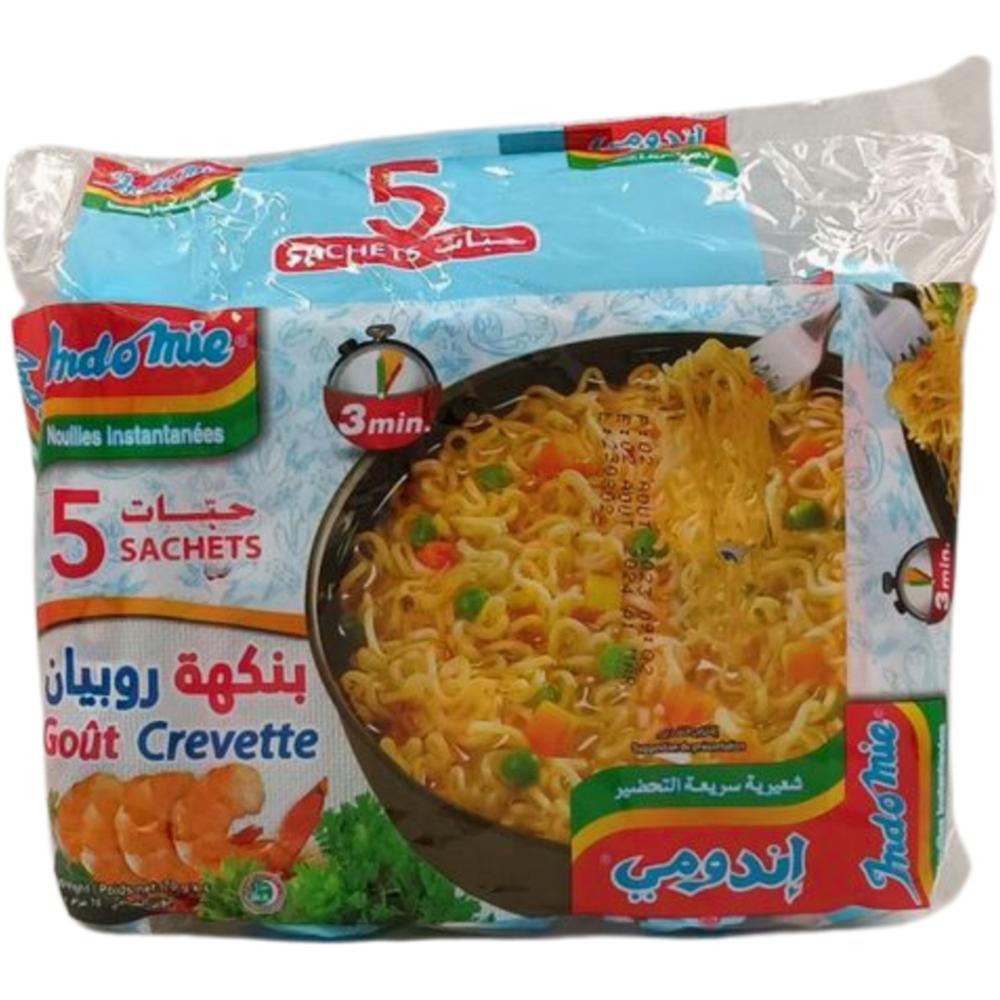 Lot de Nouilles Instantanées Goût Crevettes Indomie 5 unités de 85g.