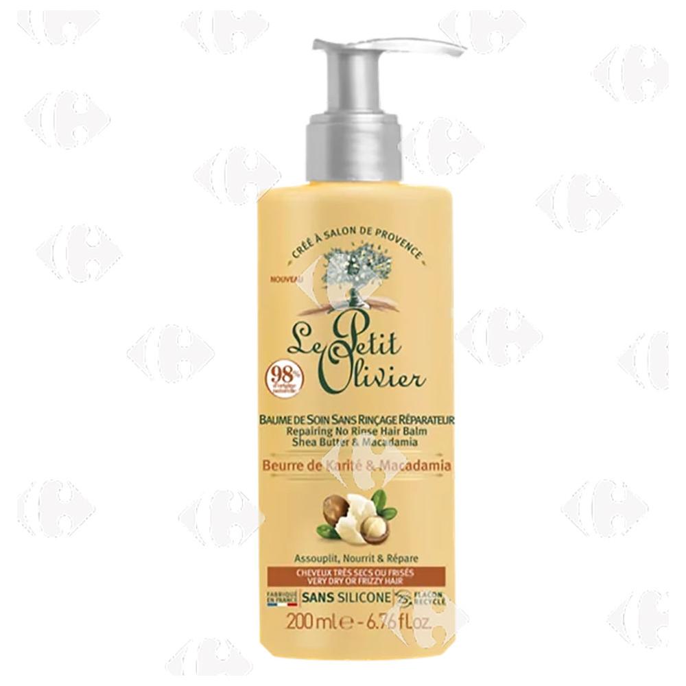 Baume de Soin Sans Rinçage Soin Réparateur Beurre de Karité & Macadamia Cheveux très secs ou frisés Le petit Olivier 200ml.