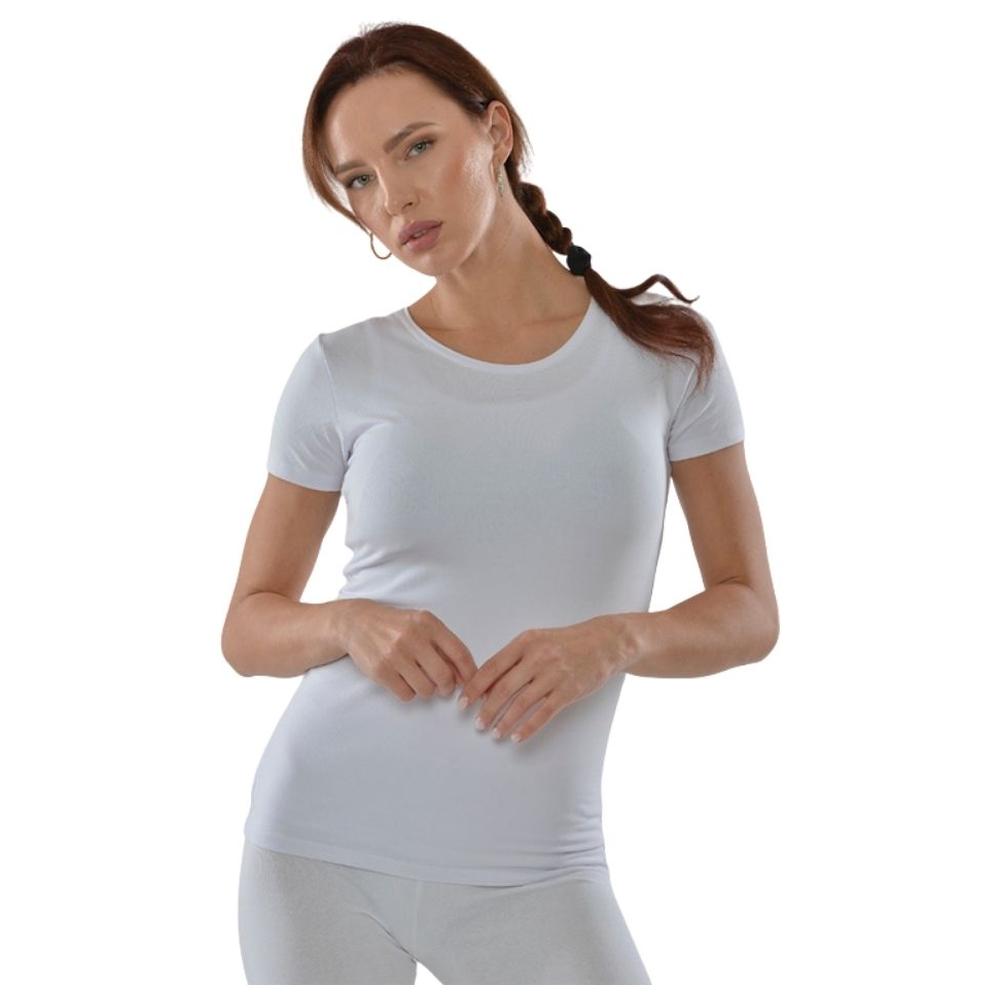 [674583] T-shirt Femme à Manches Courtes Col Rond Blanc en Coton - Taille L