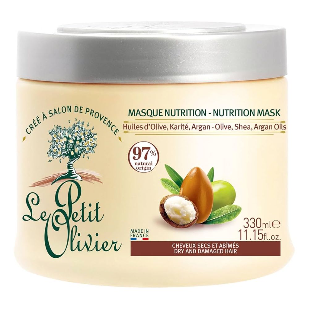 Masque Soin aux Huiles d'Olive, Karité & Argan Nutrition Cheveux Secs et Abîmés Le Petit Olivier 330ml.