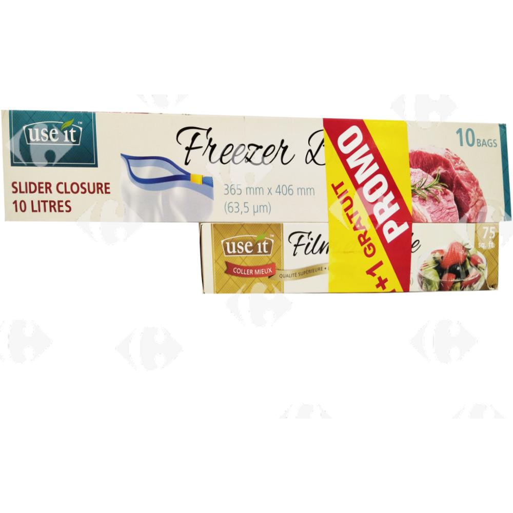 Lot de Sacs de Congélation Use It 10L 10 unités + Film alimentaire Use It 75 pieds carrés