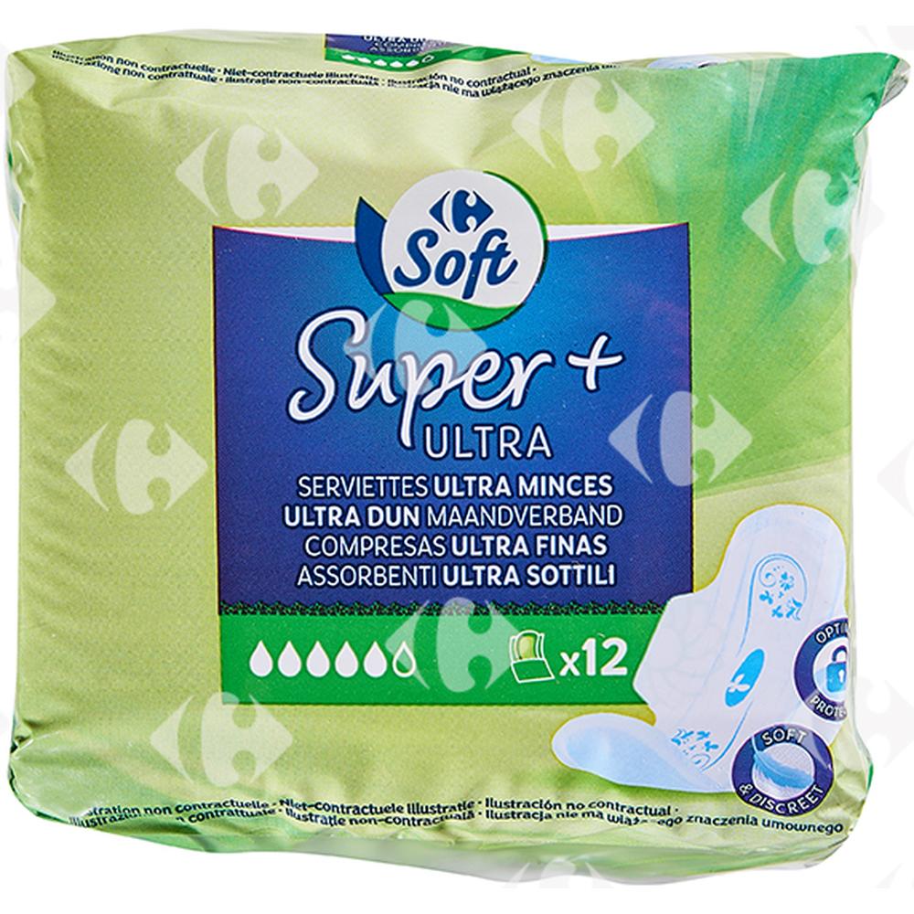Serviettes Hygiéniques Ultra Super Carrefour 12 unités.