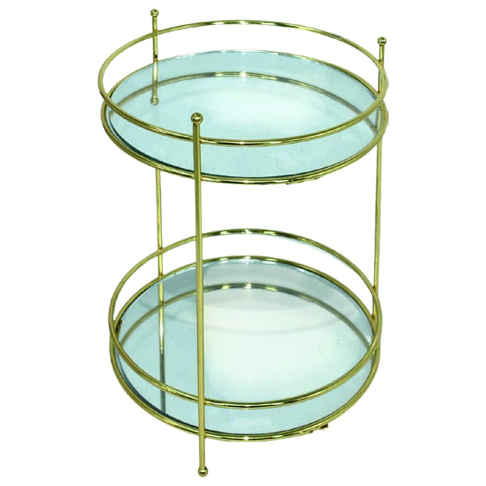 [726119] Présentoir à Niveaux en Metal Doré Rond Avec Fond Miroir