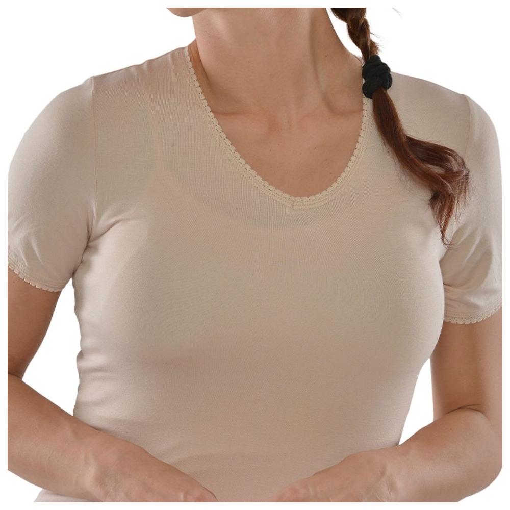 T-shirt Femme à Manches Courtes Col V avec Dentelle Beige - Taille L