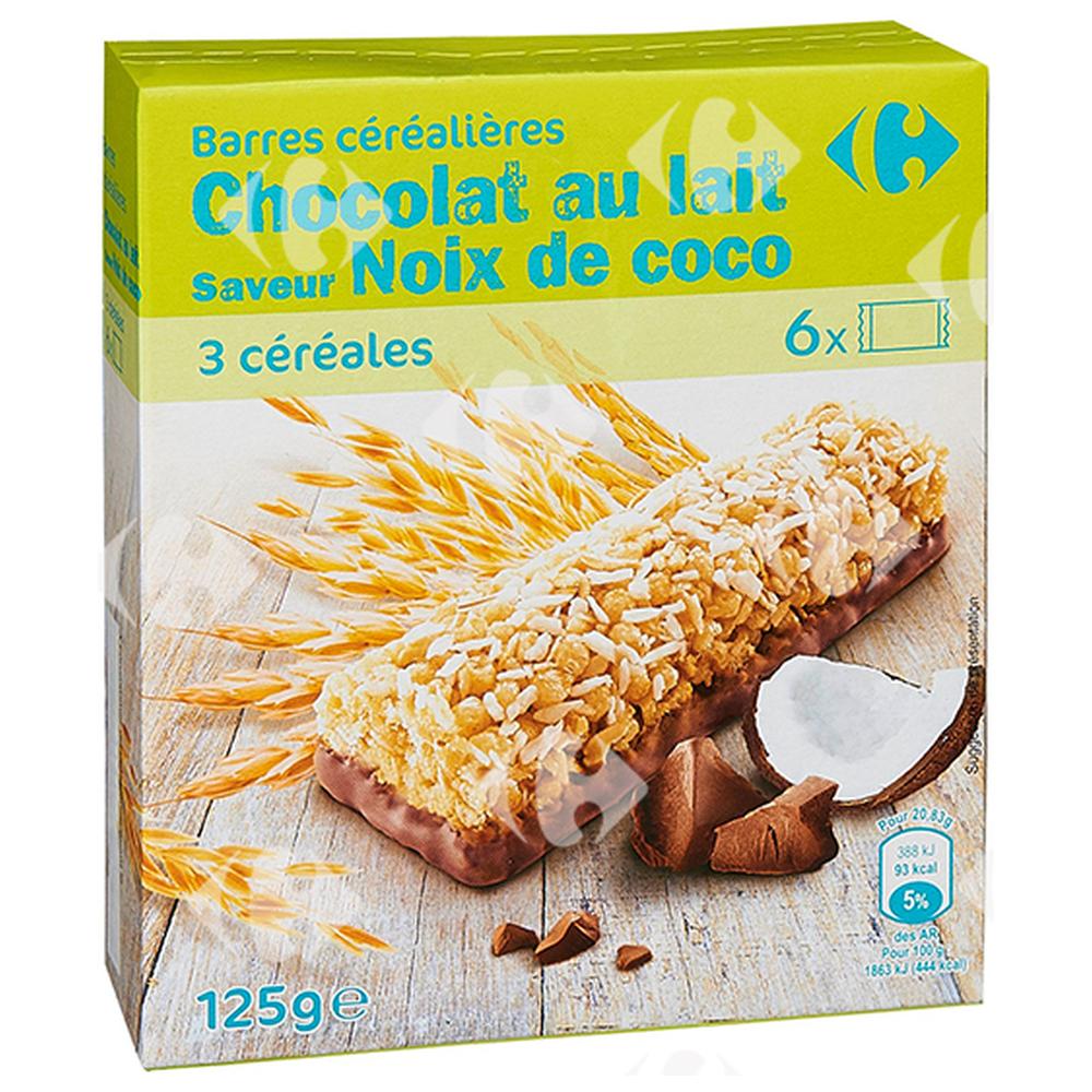 [458316] Barres de Céréales Chocolat au Lait et Noix de Coco Carrefour 125g
