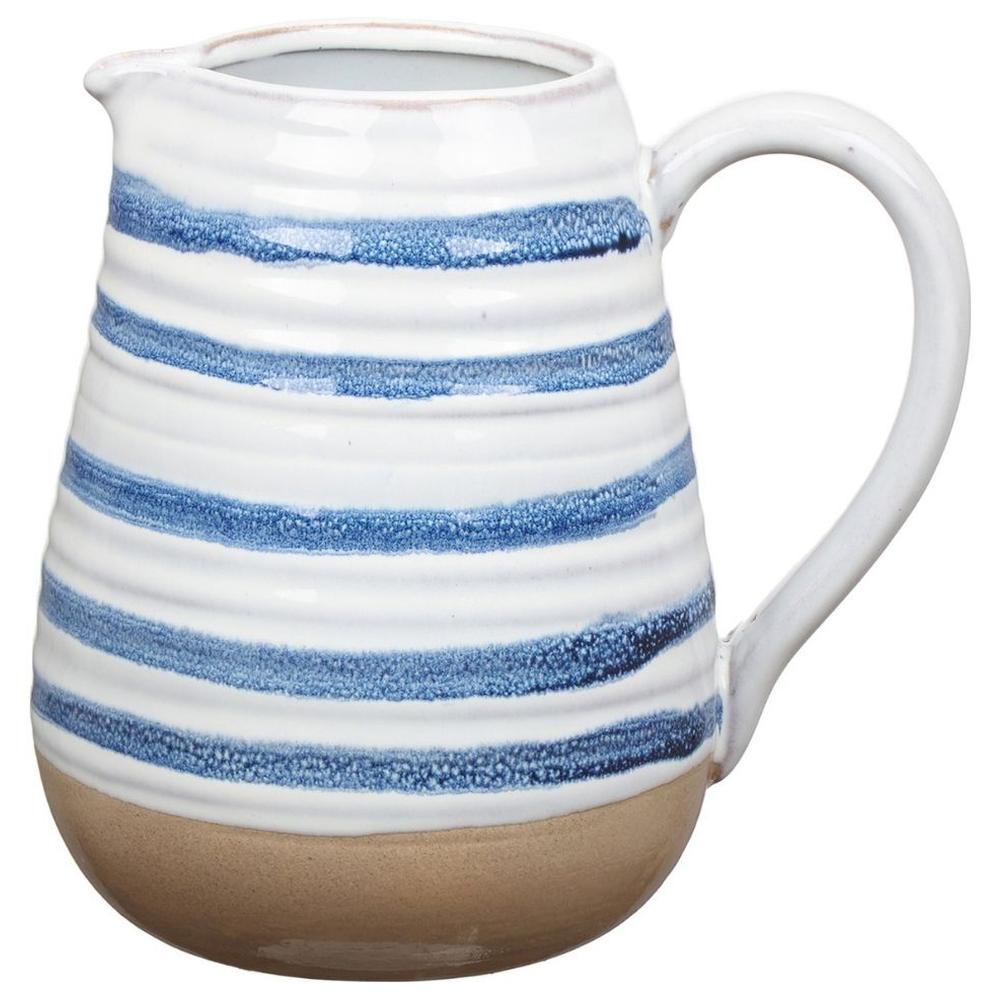 Vase Pichet en Porcelaine Rayures Bleu Blanc Kasa 20cm 