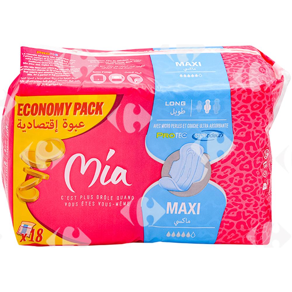 Serviettes Hygiéniques Maxi Long Duopack Mia 18 unités.