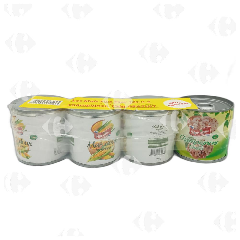 [697370] Lot Mais Tripack Five Star 3x150g + Champignons Five Star 150g Gratuit.
