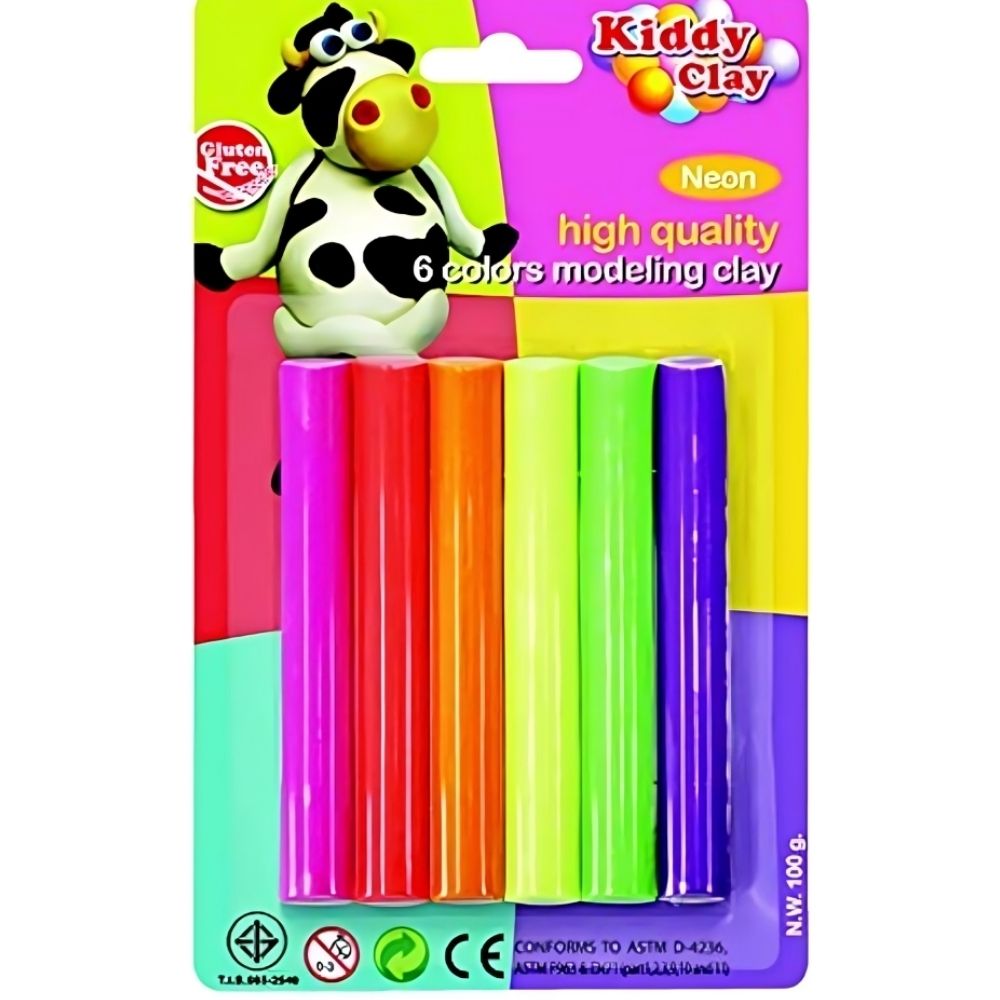 Paquet de 6 Pate Néon à Modeler Kiddy Clay 100g