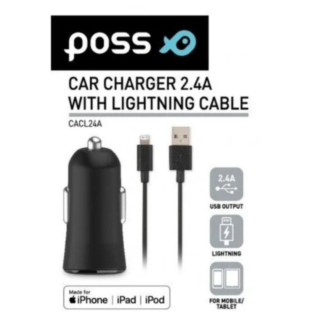 [664144] Chargeur de Voiture Allume-cigarette USB Noir + Câble Lightning Poss 2.4A 90x195x10mm