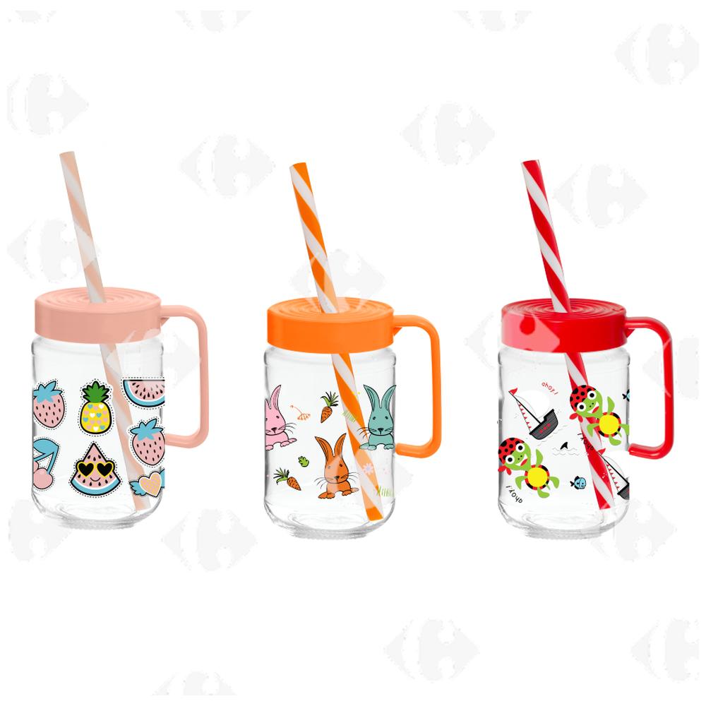Mug en Verre Décorée avec Couvercle et Paille 0,37L