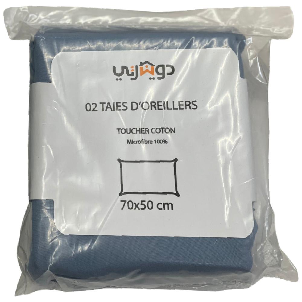 [699168] Pack 2 Taies d'Oreiller Microfibre Unies Bleu Jean 70x50cm
