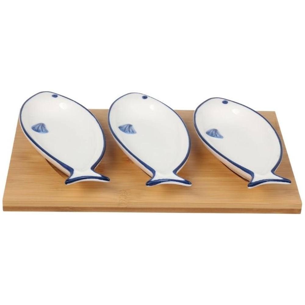 Coupelle en Porcelaine Poisson avec Support en Bois Kasa 4Pièces