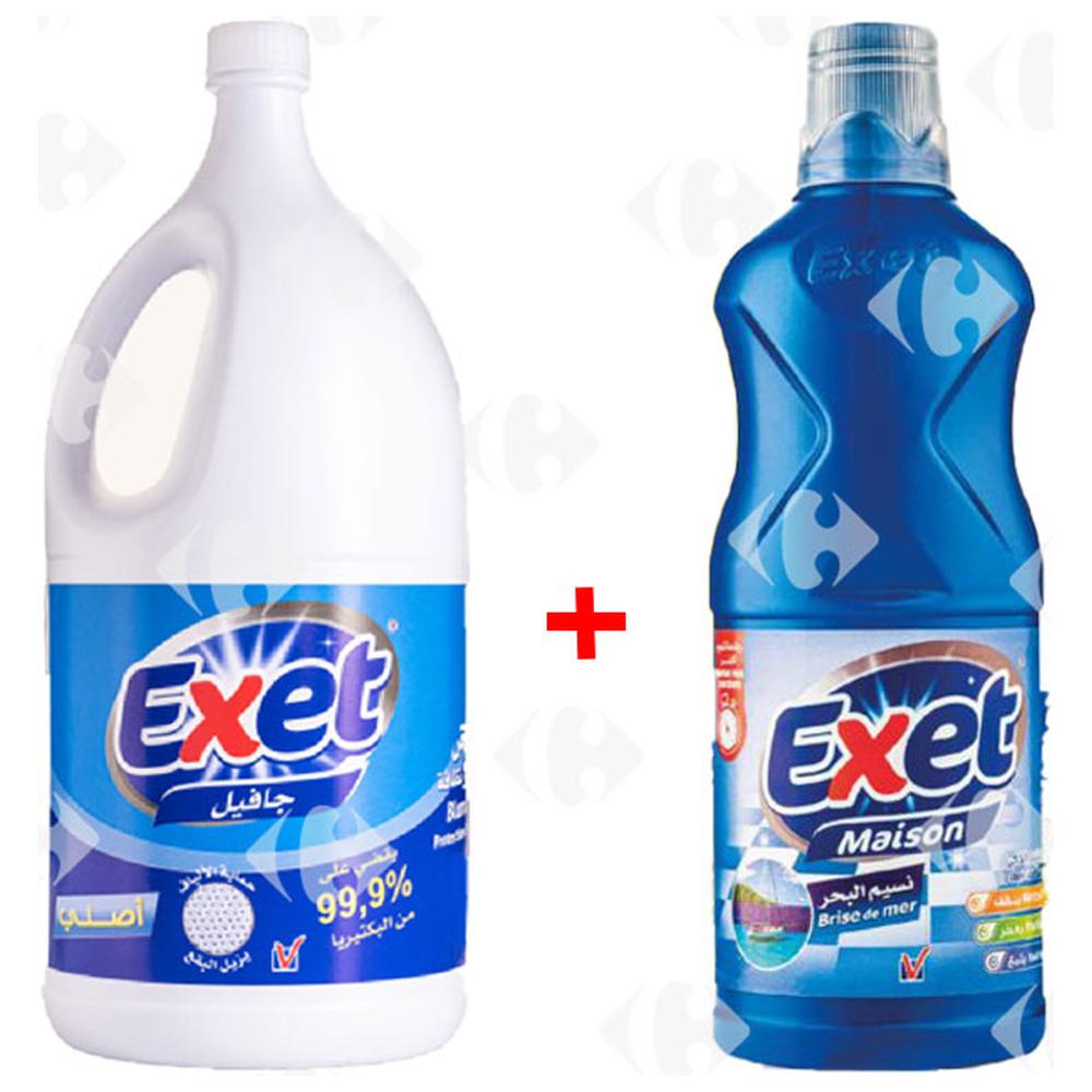 Lot Eau de Javel Exet 2,5L + Nettoyant Sol Exet 1L (-50%).
