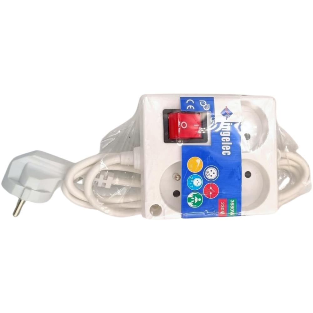 Bloc Multiprises Blanc Carré avec Interrupteur Ingelec 2P+T 3 prises 1,5m.