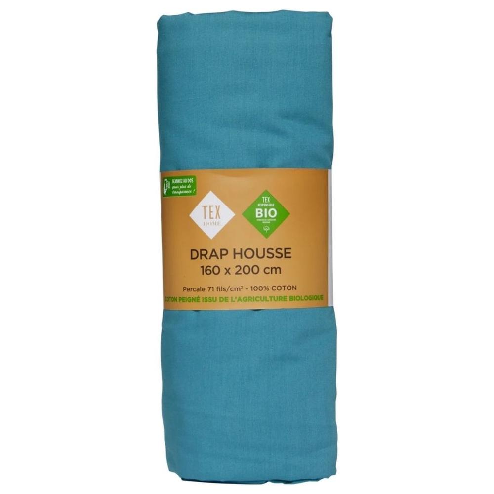 [727588] Drap Housse Bleu Percale 100% Coton Bio Tex Home 160 x 200 cm
