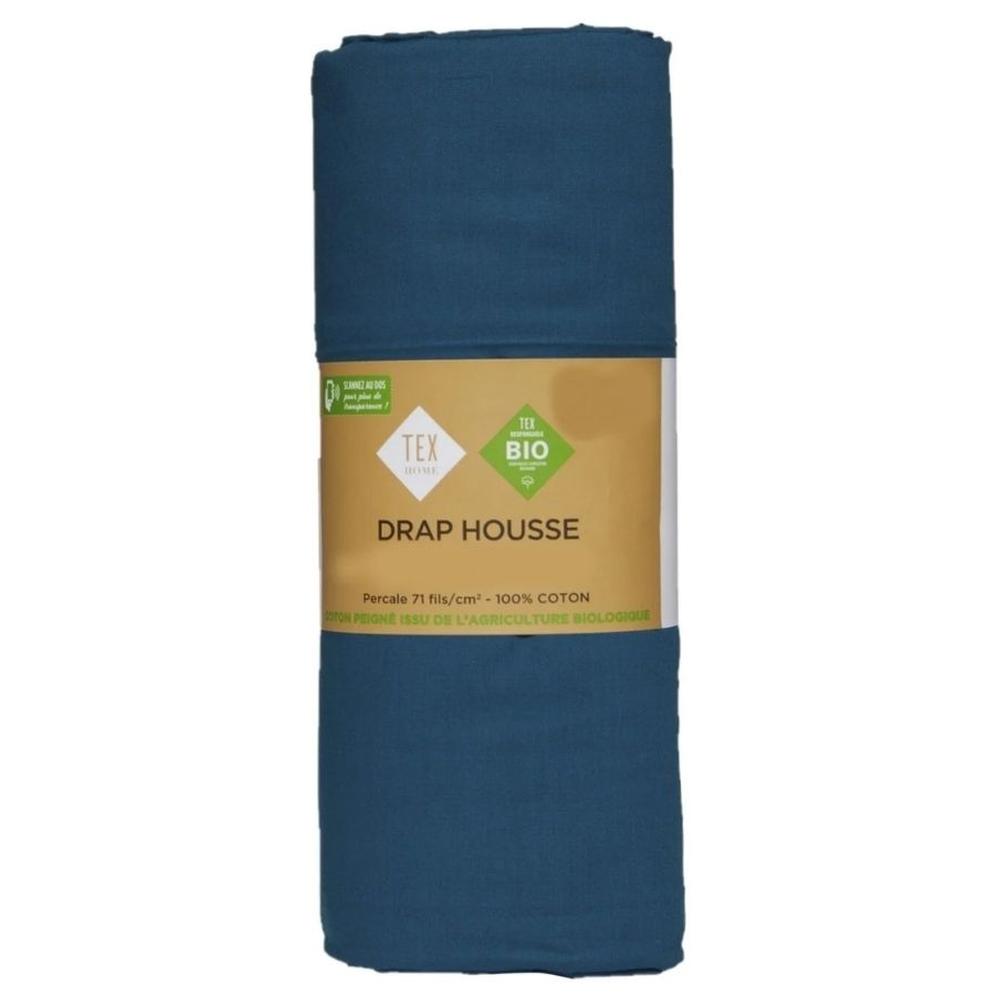 [703205] Drap Housse Percal Bleu Tex Home 160x200 cm