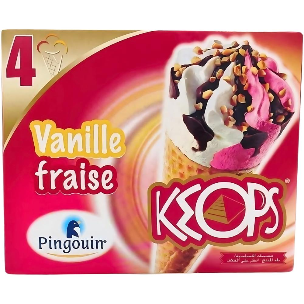 Glace Cornet Vanille Fraise Keops Pingouin 4 unités 120ml