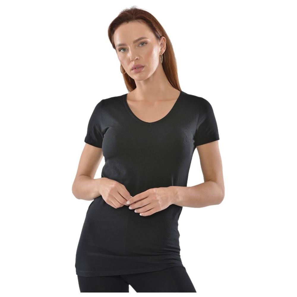 T-shirt Femme à Manches Courtes Col V Noir en Coton - Taille L