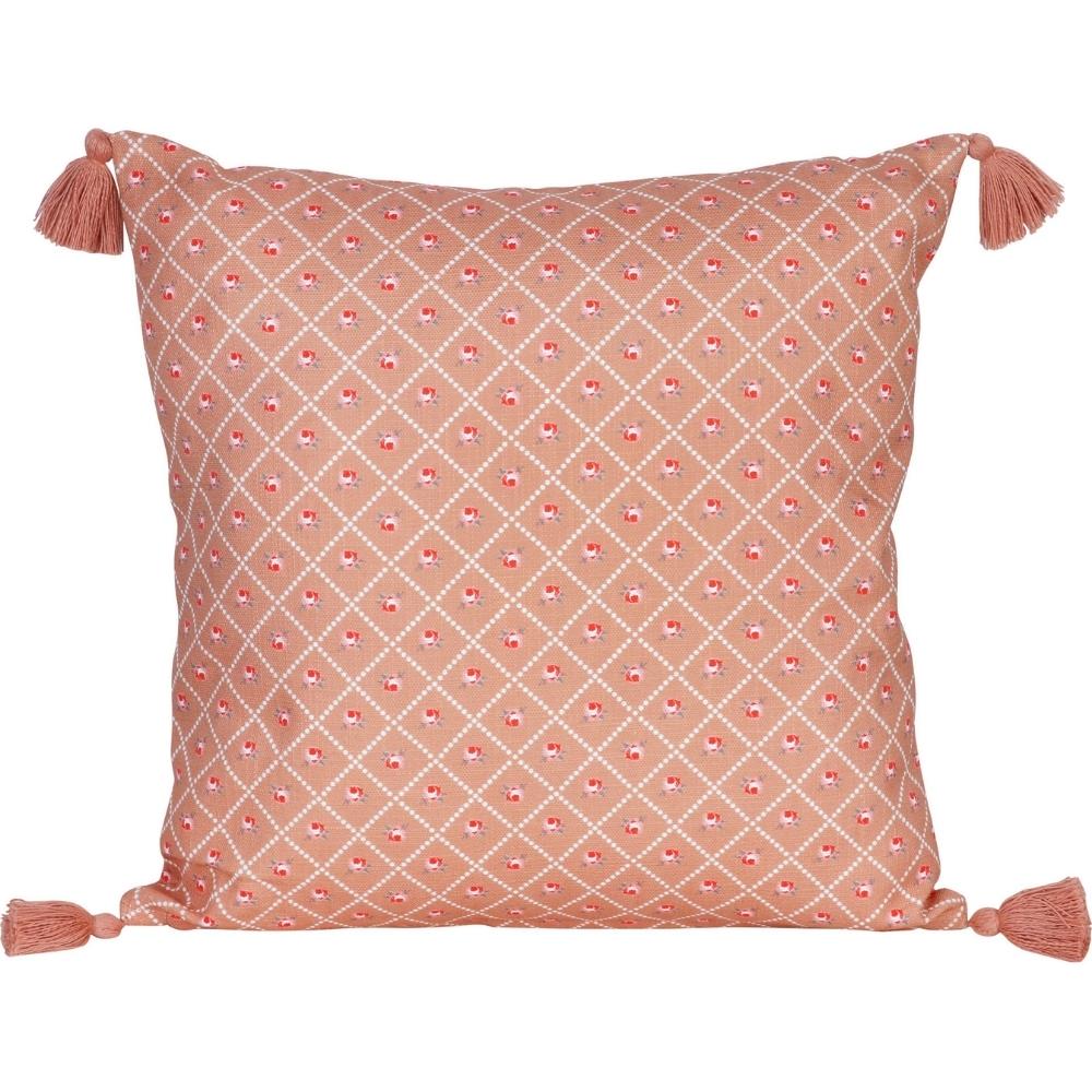Coussin Carré Fleurs Rouges Pompons Kasa 45x45 cm