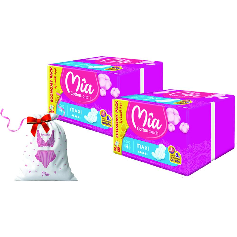 Lot Serviette Hygiénique Maxi Long Value Pack MIA 18 Unités + 2ème à -50% + Underwear Bag
