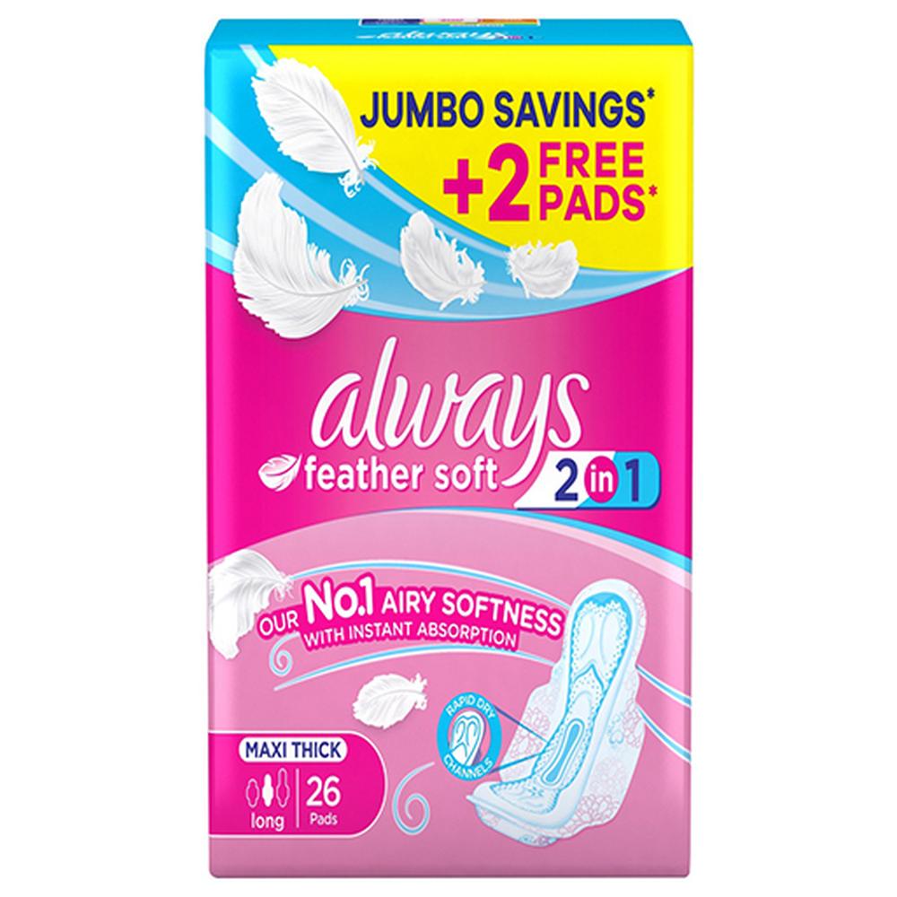 Serviettes Hygiéniques Feather Soft 2 en 1 Maxi Thick Long Always 26 unités.