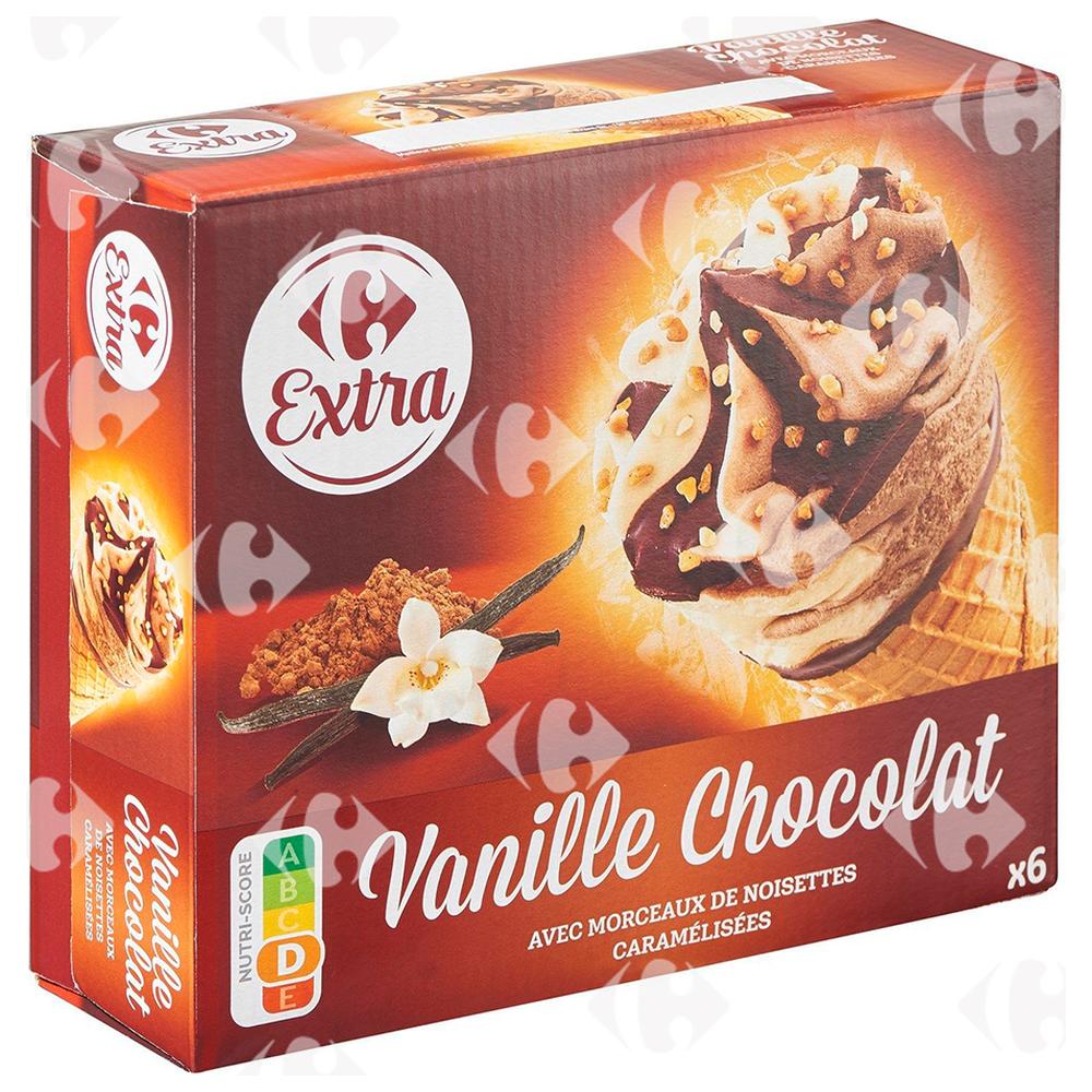 Cornets Glace Vanille Chocolat Carrefour 6x120ml.