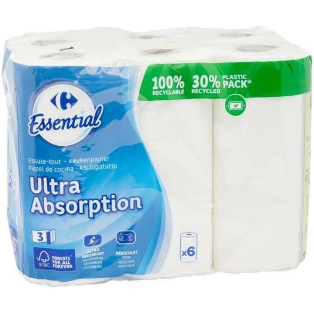 [530588] Rouleaux Essuie-Tout Ultra Absorp Carrefour Essential 6 unités