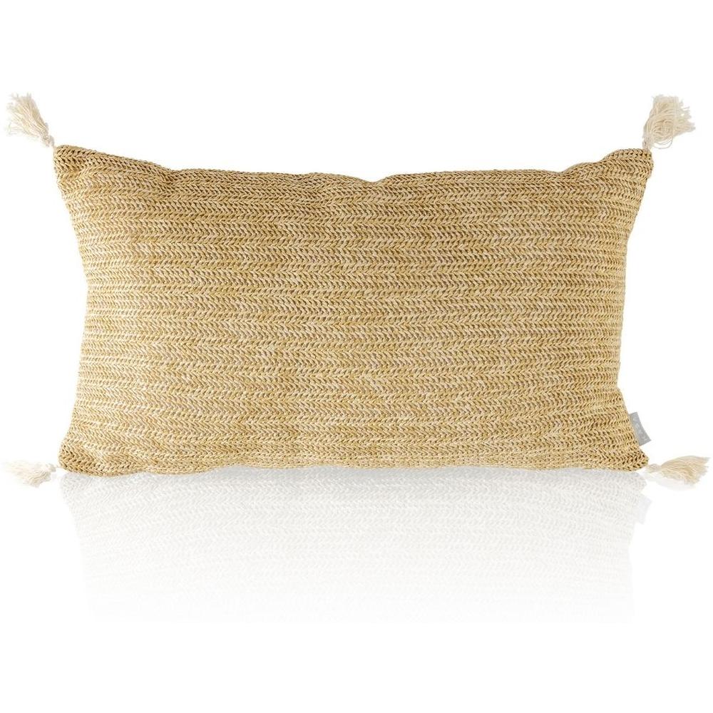 [716322] Coussin Rectangulaire Brodé Beige en Raphia Kasa 30x50cm