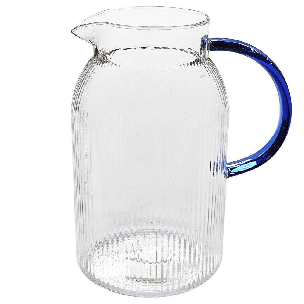 [730415] Pichet Verre Kasa Transparent Rayé Manche Bleu 1,4L